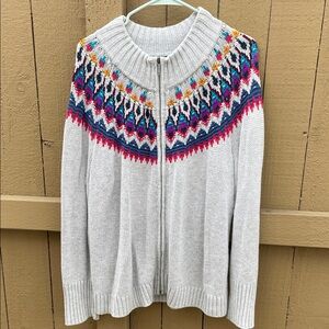 Chaps Light Gray Zip-Front Fair Isle Sweater